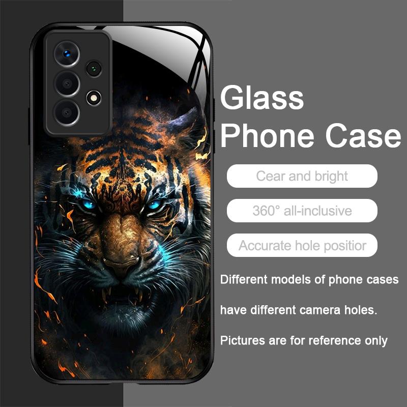 Golden Black Tiger Stripe Flame Print Tempered Glass Phone Case for Samsung Galaxy S25 Ultra S24 S23 Plus S22+ S21 S20 FE Cover