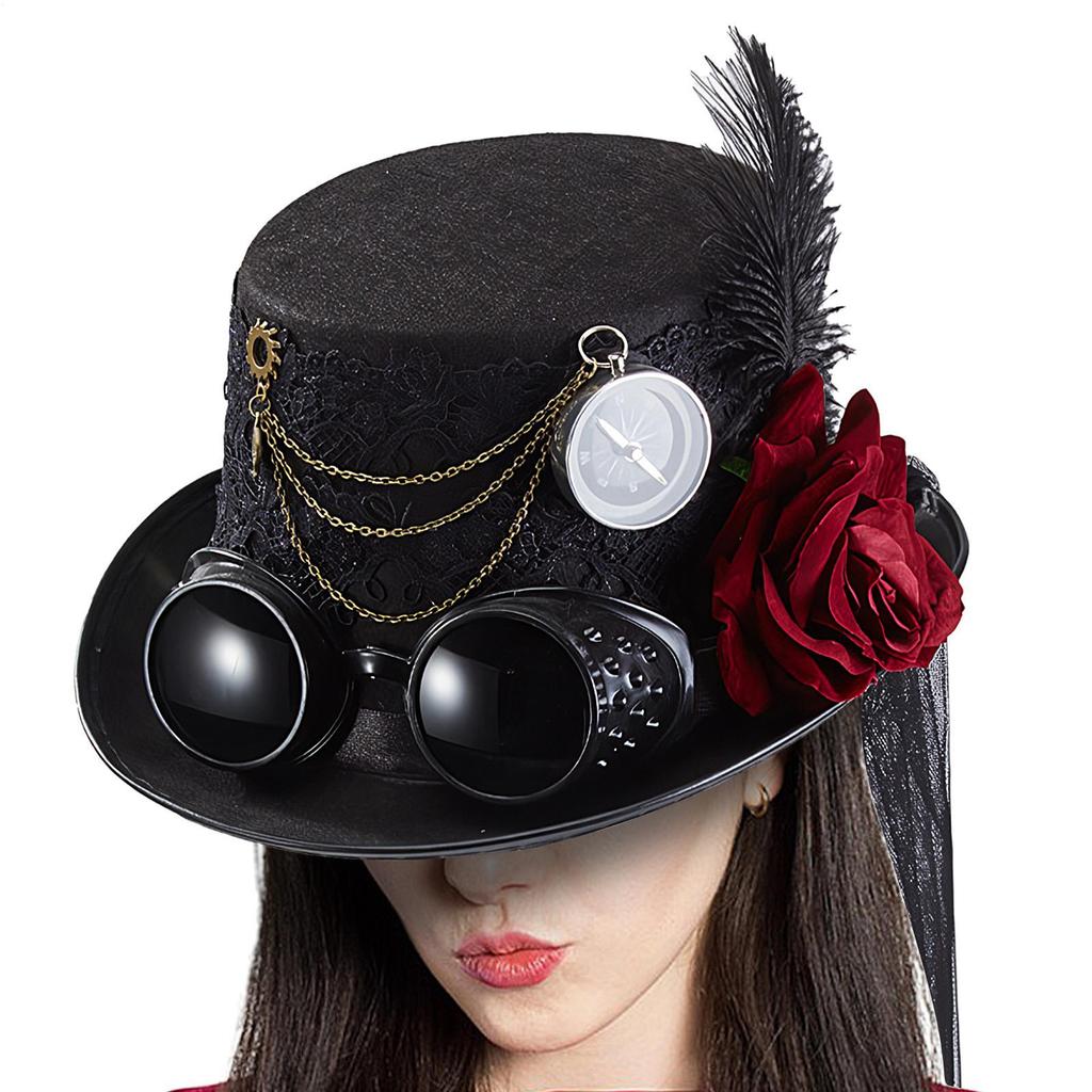 Steampunk Hat Men Gothic Style Punk Hat Costume Headgear With Rose Removable Goggles Chain For Men Movie Props Cosplay Halloween