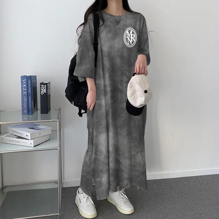 Korean Retro Tie-Dye Letter Print Slimming Casual Mid-Length T-Shirt Dress