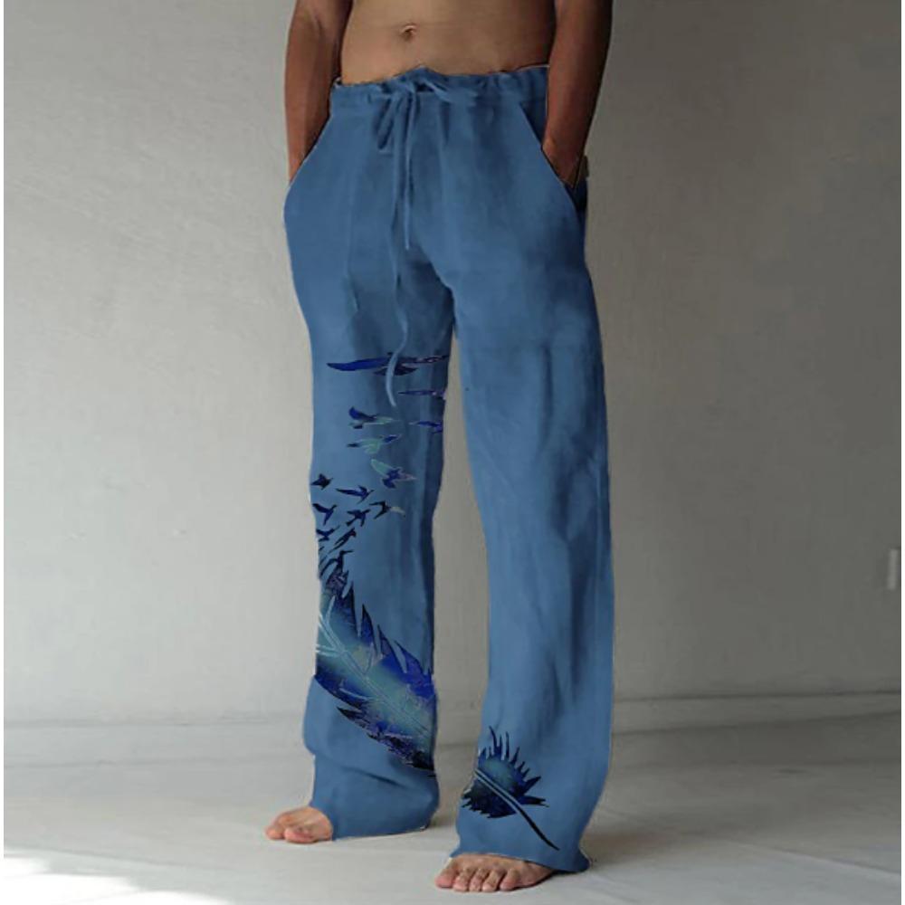 Men's 3D Feather Pattern Printed Baggy Casual Trousers,  Elastic Drawstring Waist with Pockets, for Spring Summer Home Outdoor Vacation