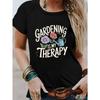 European Sizes Women'S "Gardening Is My Therapy" Graphic T-Shirt - Black Short Sleeve Crew Neck Casual Top with Floral & Watering Can Design