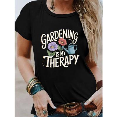 Taglie Europee Donna T-Shirt Grafica "Il Giardinaggio è la Mia Terapia" - Nera Manica Corta Girocollo Top Casual con Design Floreale e Annaffiatoio