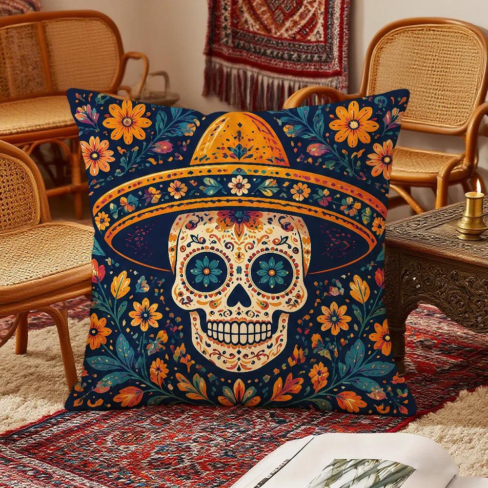 Vibrant Day Of The Dead Art Cushion Cover Bedroom Sofa Decorative Home Car Portable Cushion Cover With Zipper Soft Pillowcase