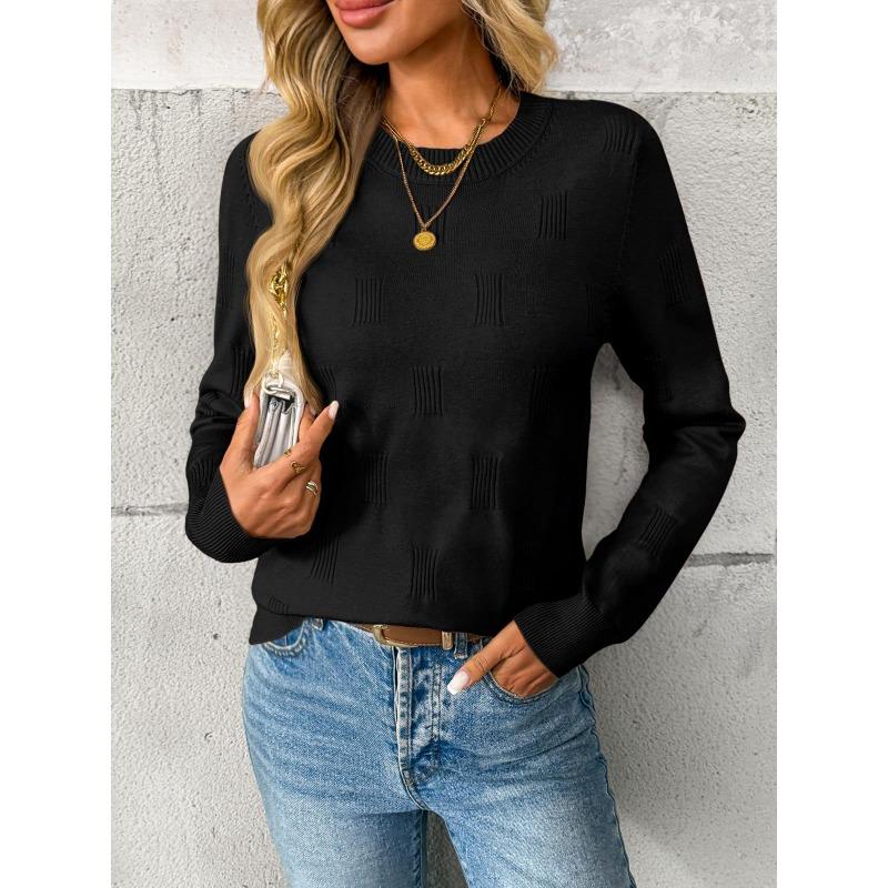 Women S Casual Knitted Pullover Sweater Round Neck Long Sleeve Solid Color