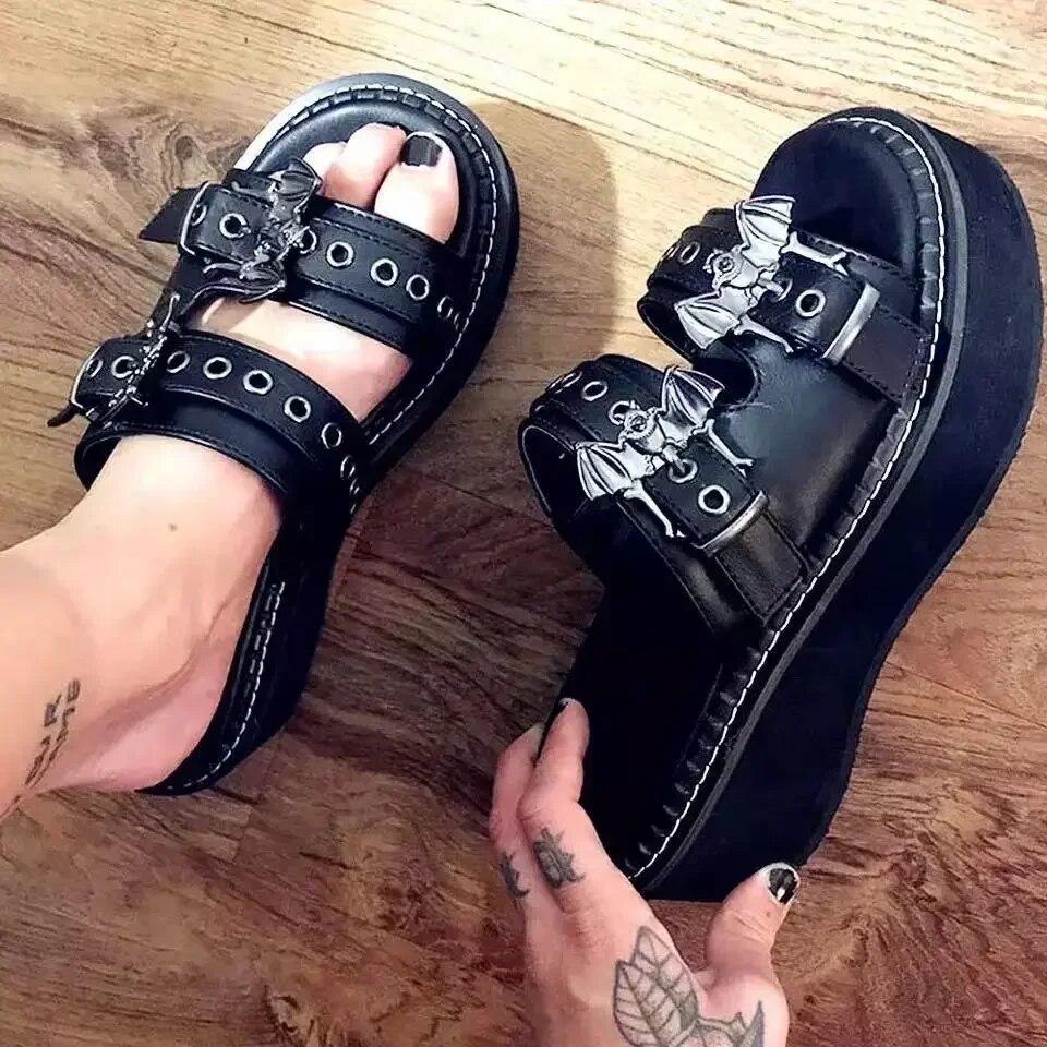 Metal Decoration Women Slippers Designer Summer Sandals Buckles Vampire Cosplay Platform Black Gothic Shoes