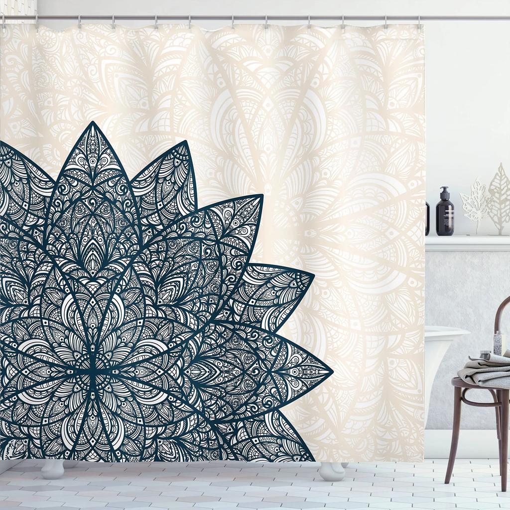 Mandala Shower Curtain,Vintage Cosmos Oriental Breeze Pattern Swirled Floral Leaves Cloth Fabric Bathroom Curtain Set with Hooks