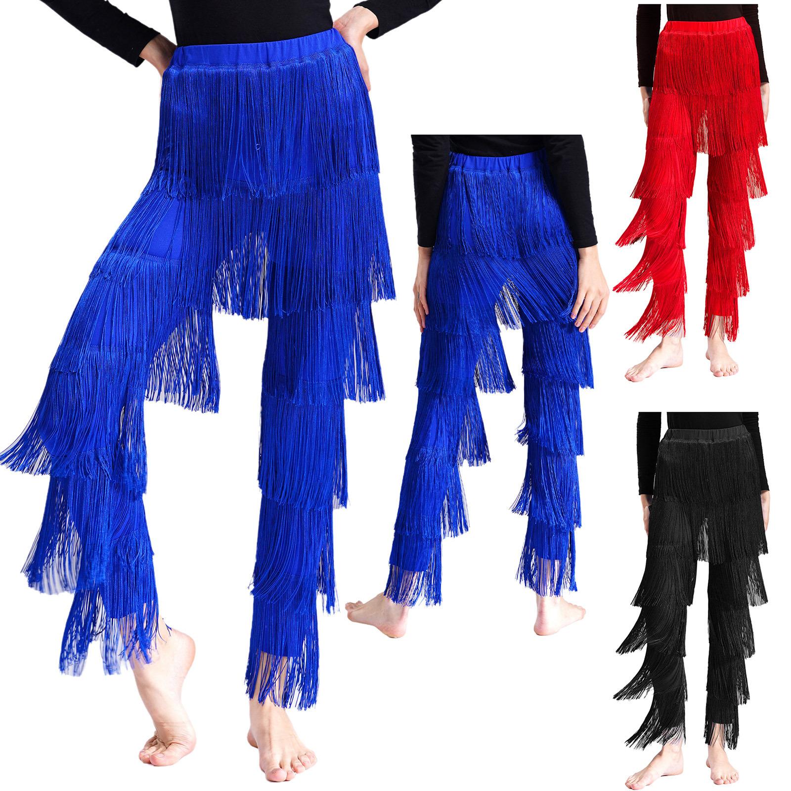S-XXL Women's Performance Dance Pants: Elastic Waist Tiered Tassel Fringed Trousers for Tango Cha-Cha Latin Costume cm colore blu royal