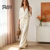 Long Sleeve Shirt Set Women Loose Casual Pants Set, Button Down Collar & Wide Fit Leg Pants, Solid Color Matching Two Piece Outfits for Fall
