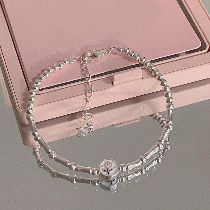 925 Sterling Silver Dripping Glaze Round Bead Tulip Bracelet For Women Flowers Temperament Jewelry Party