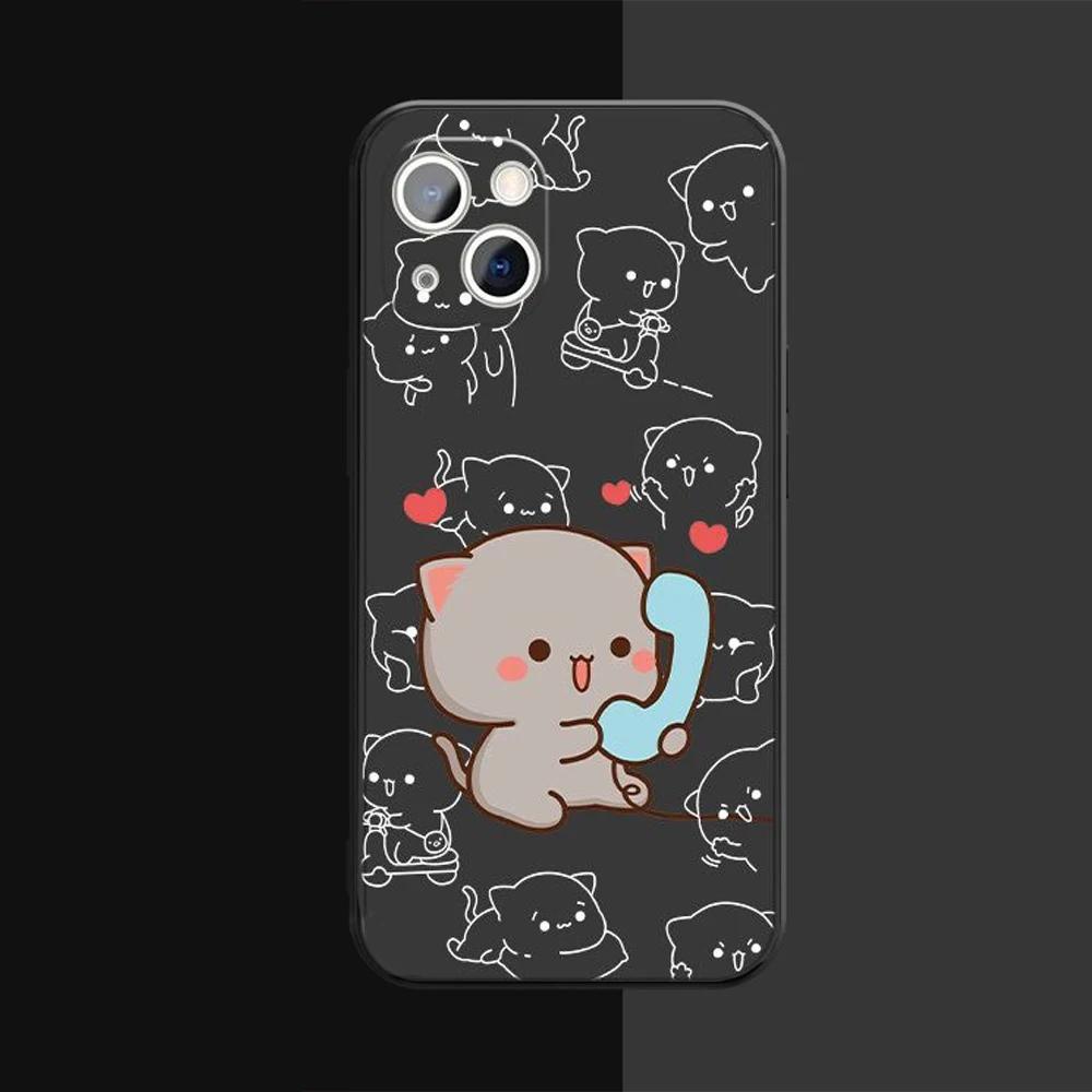 Cute Couple Cats on Call Pattern Phone Case for iPhone 17 16 15 14 13 12 11 16E Series Pro Max Plus Double Layer Protection