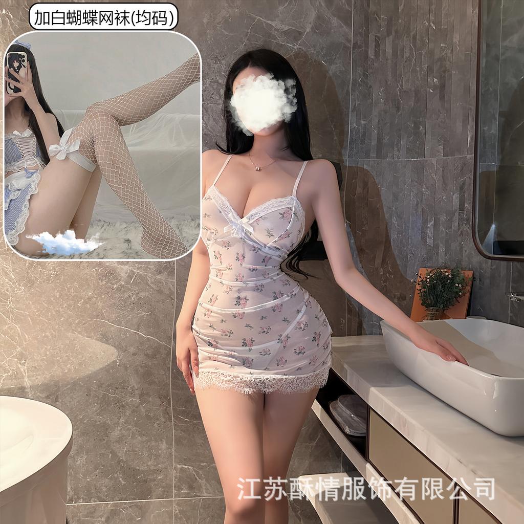Underwear lace hollow deep V hip skirt sexy perspective mesh floral suspender nightdress