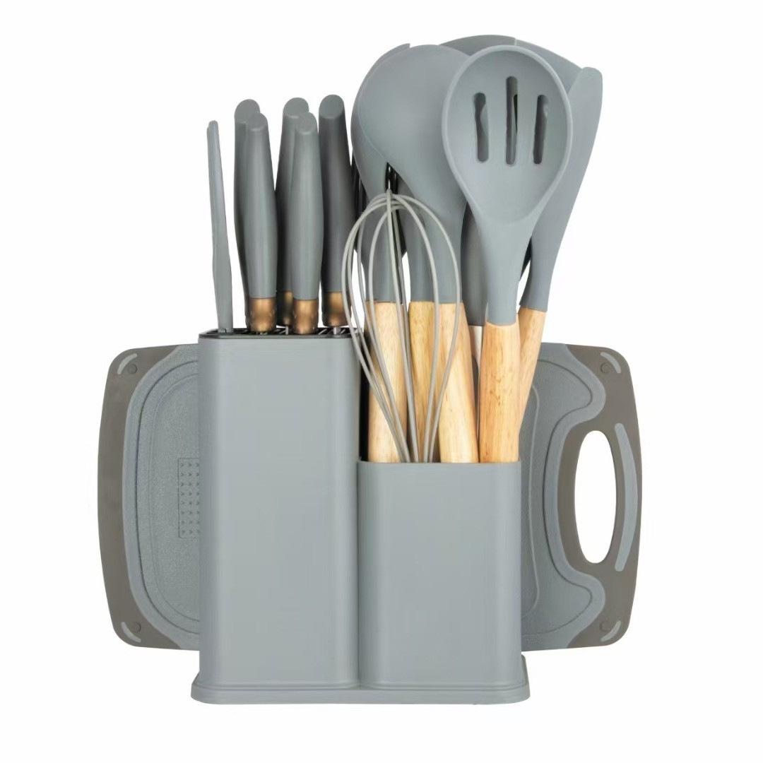 

Набор из 19 кухонных принадлежностей из пищевого силикона с деревянными ручками и ведром для хранения, включает лопатки, ложки и нож.