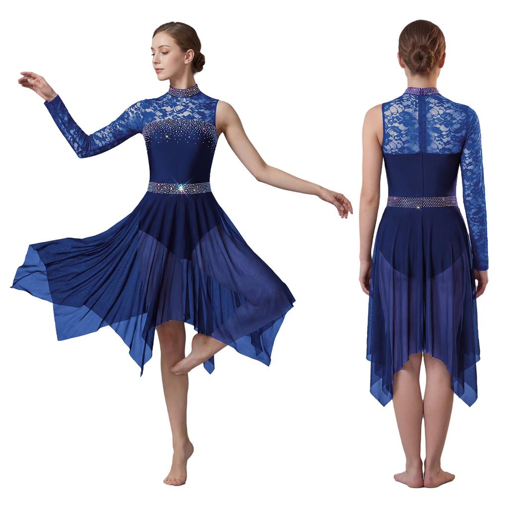 Women Modern Dance Costume Single Sleeve Dress Floral Lace Mesh Patchwork Rhinestone Classical Ballet Dance Outfit Lyrical Dress