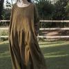 Johnature Women Vintage Dress O-Neck Long Sleeve Flod Spring Robes Solid Color A-Line Women Dresses