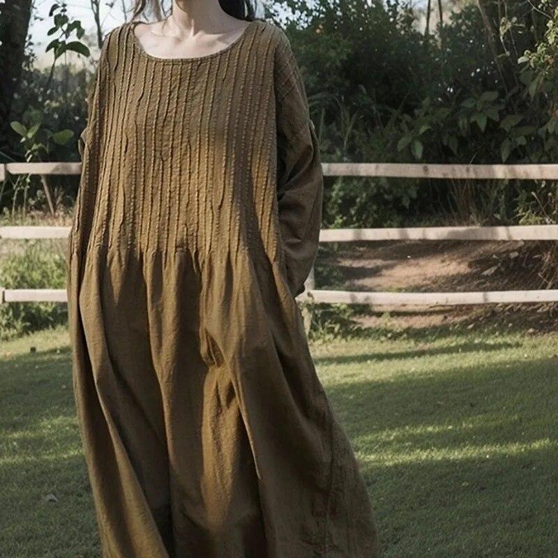 Johnature Women Vintage Dress O-Neck Long Sleeve Flod Spring Robes Solid Color A-Line Women Dresses