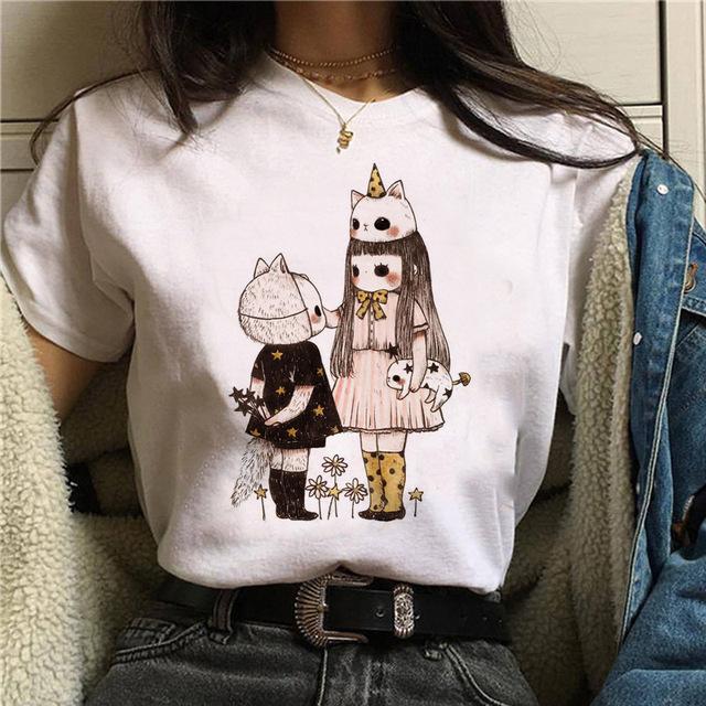 

Korean Fashion Flower Graphic Women s T-Shirt 90S Harajuku Summer Shirts Short Sleeve Loose White O-Neck Blouses Female Y2K Tops XXXL білий