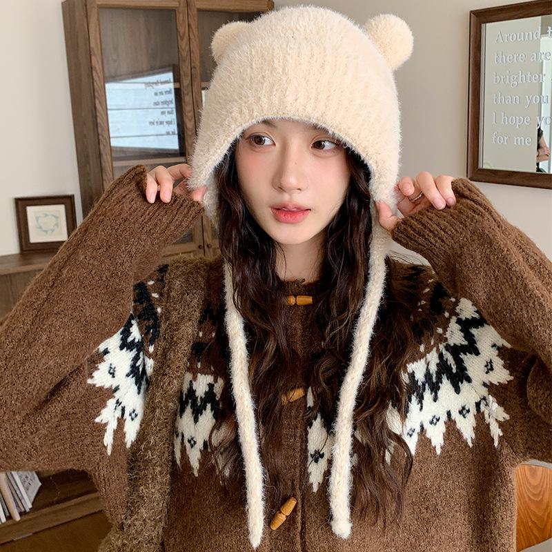 Autumn and Winter Warm and Cold Hat Big Head Circumference Showing Face Small Knitted Hat Cute Plush Bear Ears Warm Lei Feng Hat for Women