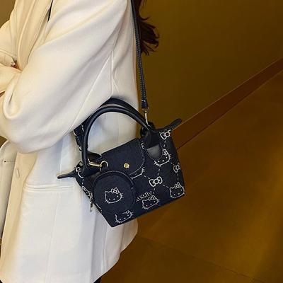 2025 New Spring Cute Denim Printed Cat Handbag Women's Fashion Shoulder Messenger Bag Mini Dumpling Bag