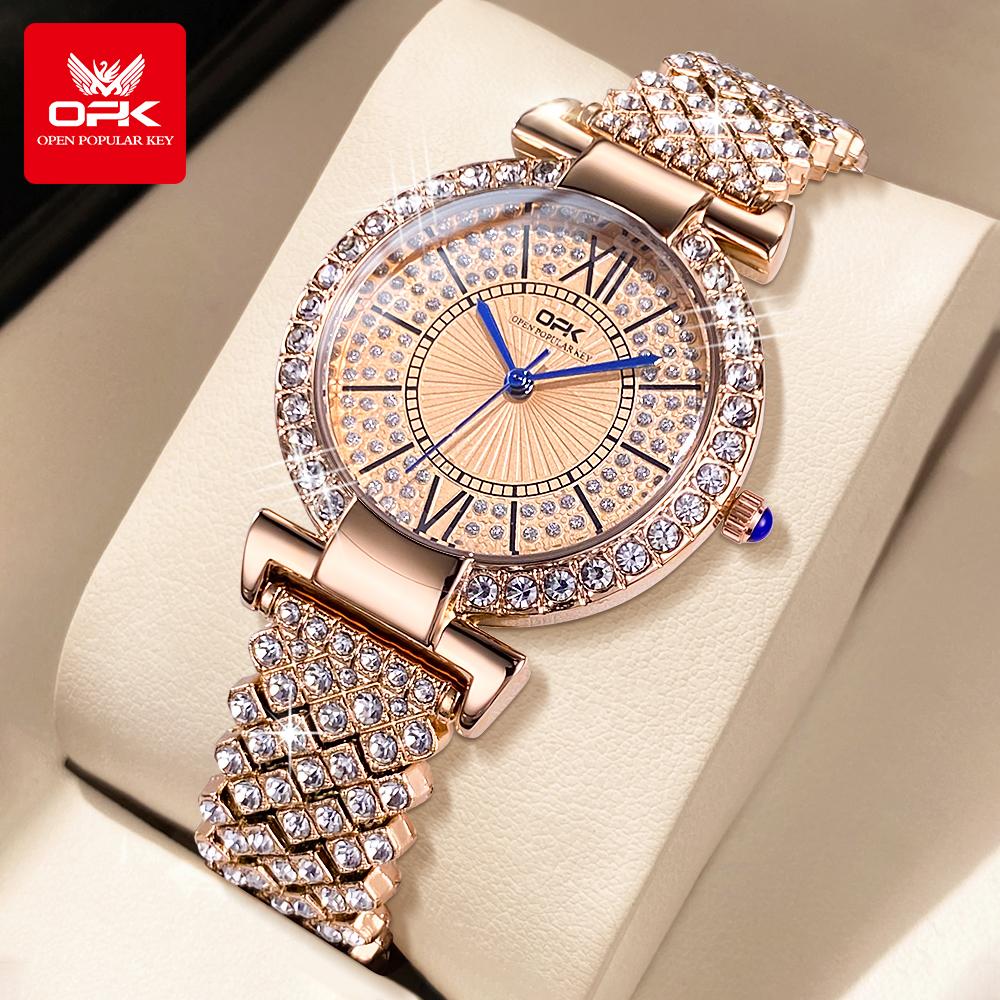 OPK 8618 Full Diamond Quartz Wristwatch for Women Waterproof Steel Strap Fashion Elegant Ladies Dress Watch Original Reloj
