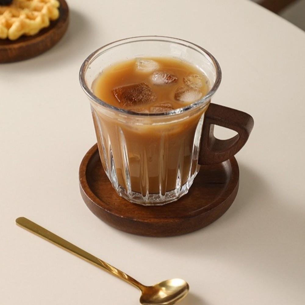 Wooden Plate Espresso Latte Cup Durable Glass Coffee Cup Creative Coffee Tea Set  Breakfast