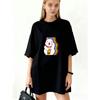 Oversized T Shirt Black Lucky Cat With Rainbow And Bubble Tea Print Casual Streetwear For Women
