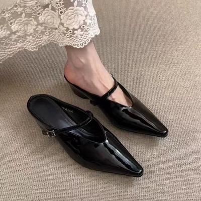 Fashion New Elegant Pointed Toe Women Mules Shoes Sexy Black Buckle Strap Traf Casual Party Ladies High Heels Sandals Summer Slingbacks
