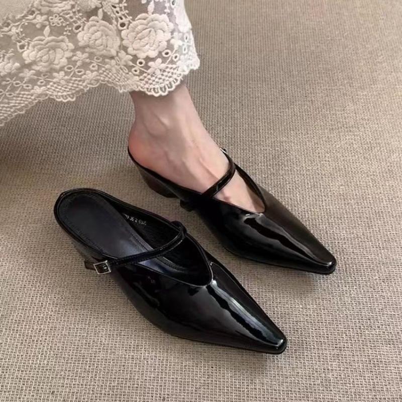 Fashion New Elegant Pointed Toe Women Mules Shoes Sexy Black Buckle Strap Traf Casual Party Ladies High Heels Sandals Summer Slingbacks