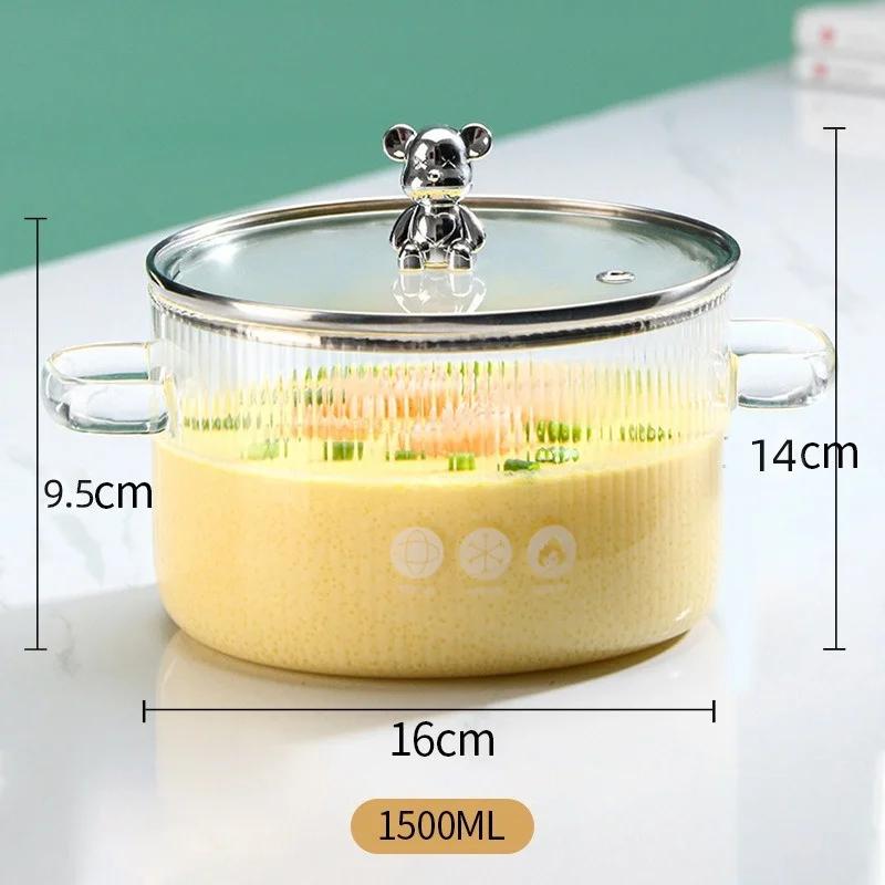 1Pcs Household Instant Noodle Bowl with Cover Small Bear Soup Bowl High Borosilicate Glass Salad Bowl Double Ear Glass Pot