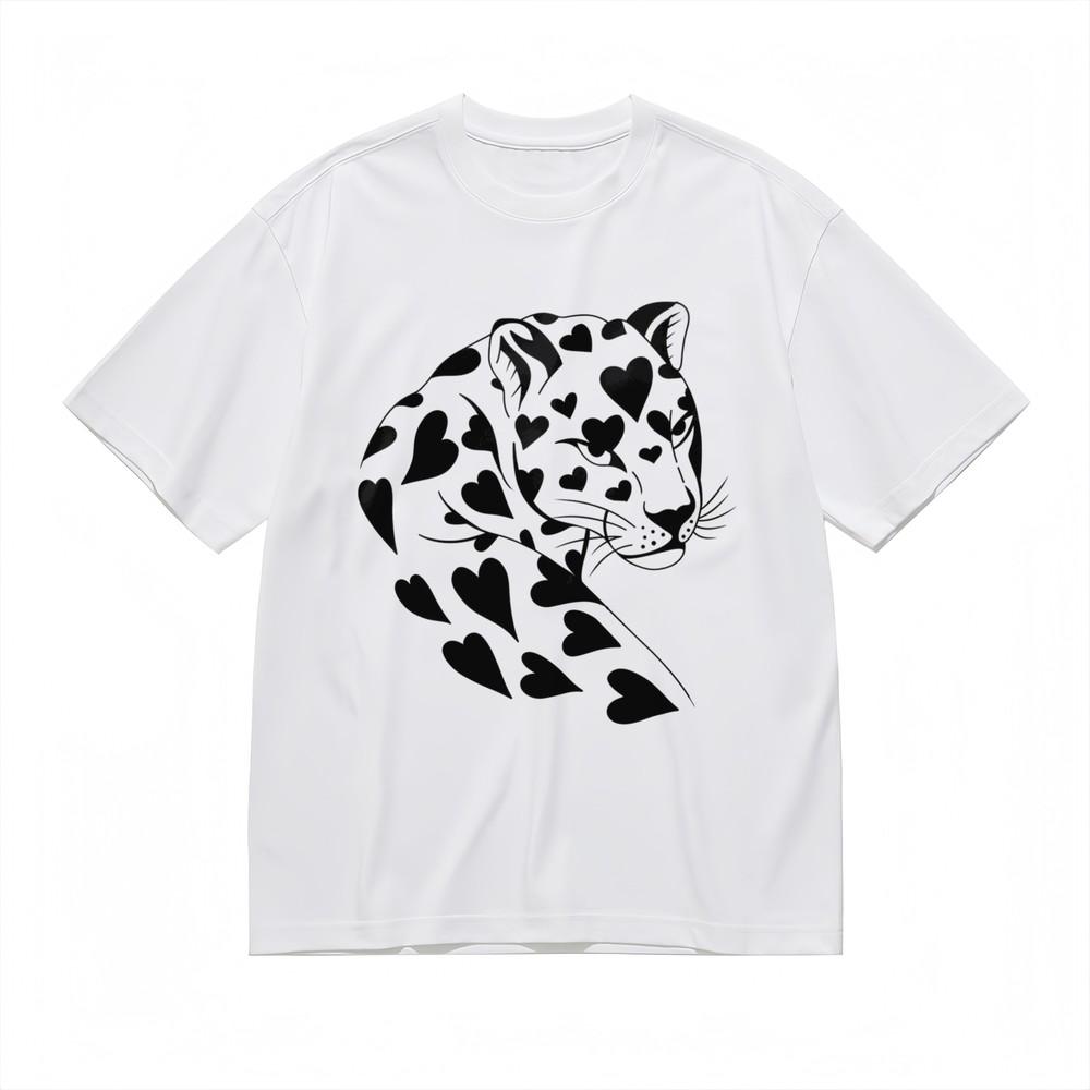 

Edgy Chic Women s T-Shirt Monochrome Leopard Heart Pattern Cotton Tops Essential 2XL