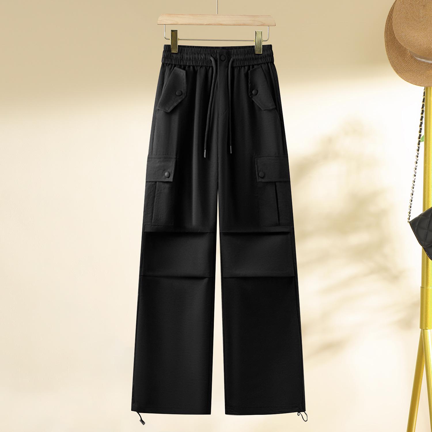 

2025 Women s Beige Elastic Waist Wide-Leg Cargo Pants with Multi-Pockets for Spring/Autumn. 29 (115-125 lbs) чёрный