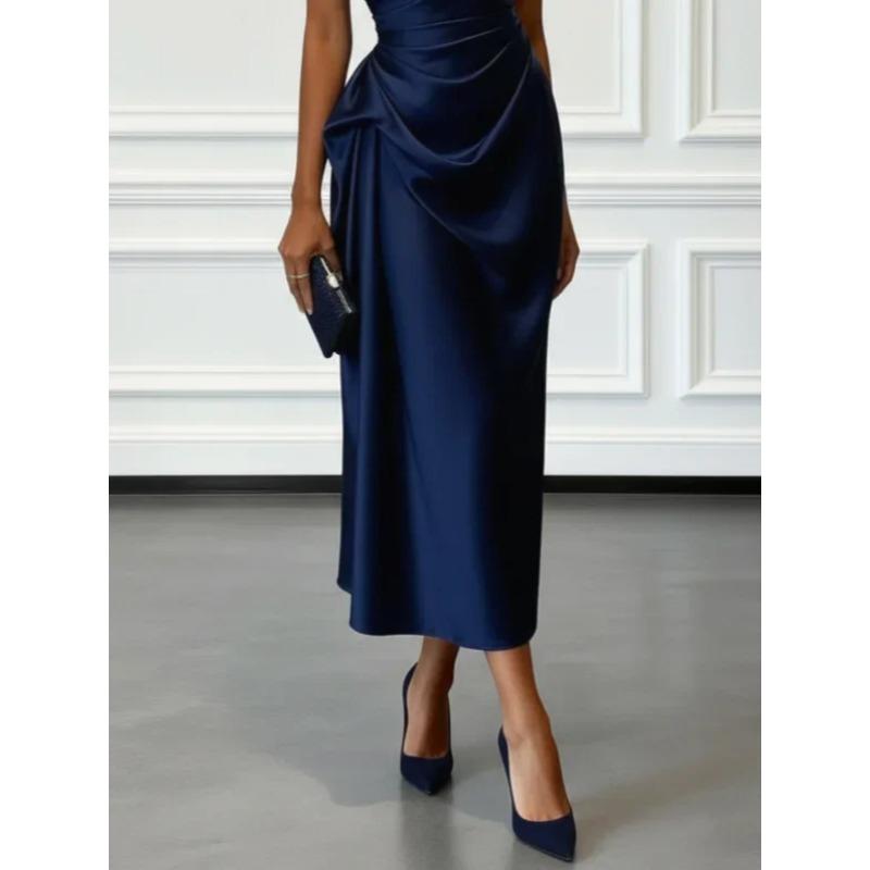 Satin Midi Dress with Ruched Waist Elegant Sleeveless Party Gown