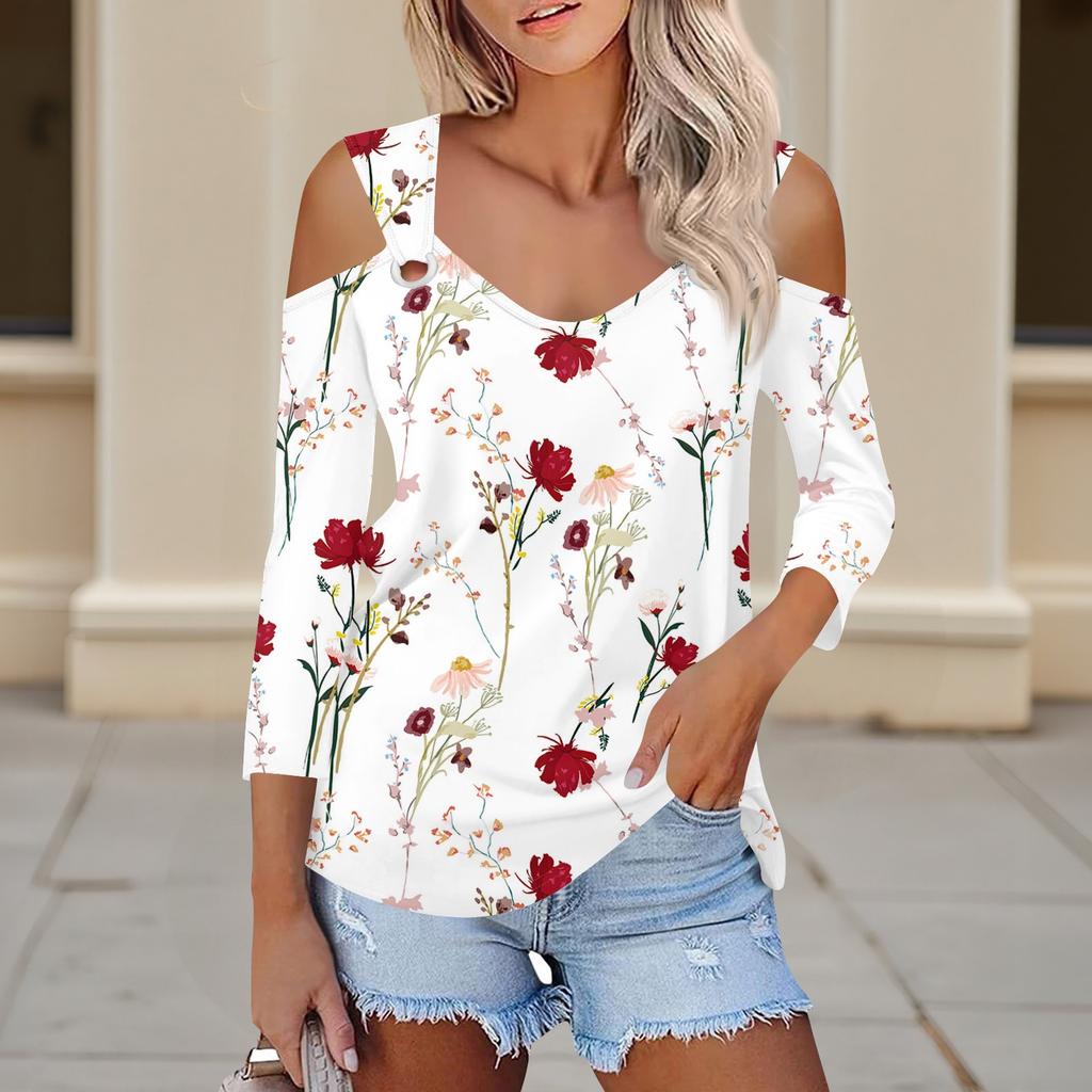 Dámská ležérní košile halenka s potiskem výstřih do V Sexy top se studeným ramenem, 3/4 rukáv