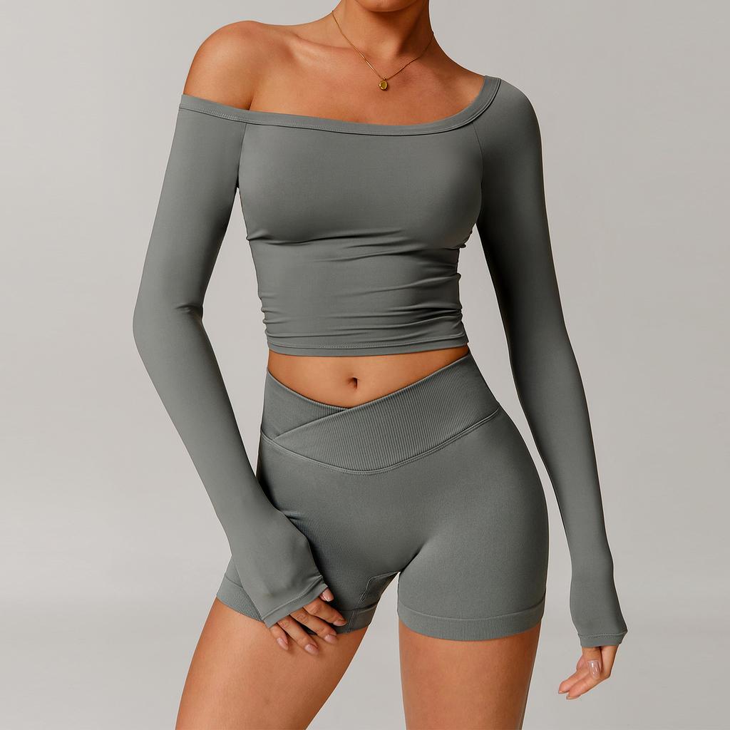 New Yoga Long Sleeved T-Shirt For Women, Sexy One Shoulder Long Sleeved, Brushed, Tight Fitting Sports And Fitness Top For Women