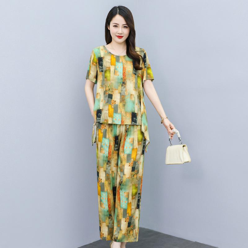 

Loose Summer Cotton-Silk Two-Piece Set for Women, Short-Sleeved Top & Pants, Ideal for Middle-Aged & Elderly XL (90-110 jin)