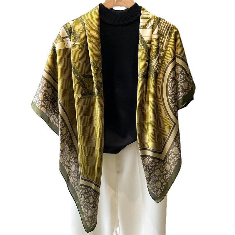 Stylish and Simple Printing 111cm Beautiful Brocade Scarf Shawl Sunscreen Headscarf Square Scarf Summer Silk Scarf Large Size Temperament