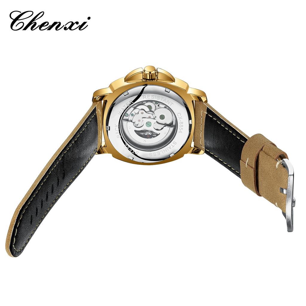 CHENXI 8854 New Band Watches 45mm Men Watch Stainless Steel case Men's Vintage Mechanical Watch SKY BLUE Dial Leather Bracelet