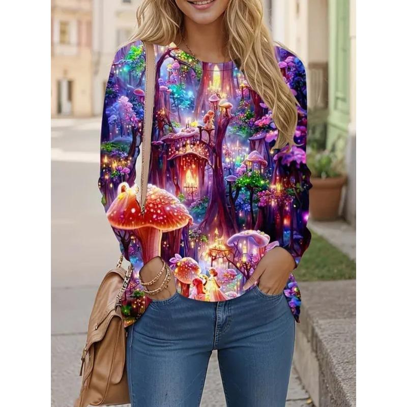 Round Neck 3D Mushroom Printed Top Casual Long Sleeved Women's T-shirts - Soft Medium Stretch Polyester Fabric Spring and Autumn Relaxed Fit Clothing