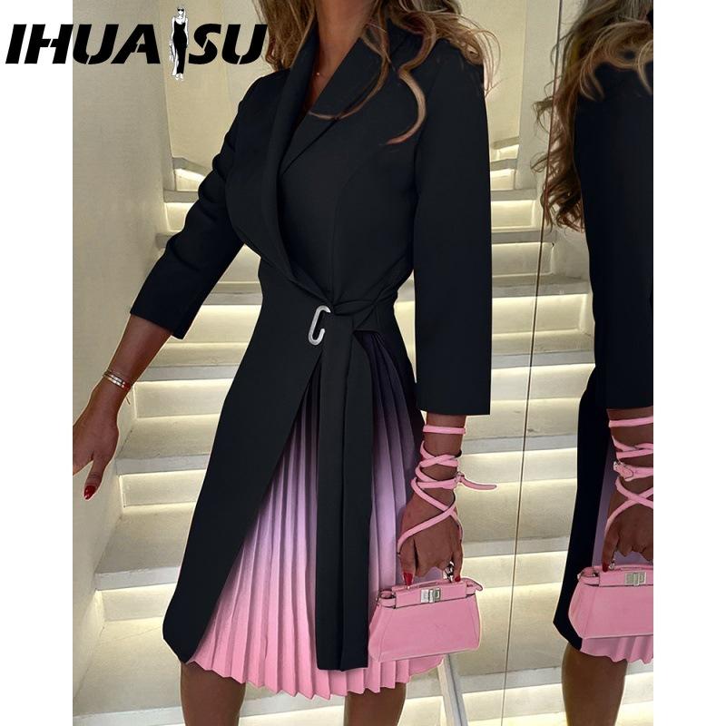 

IHUASU Autumn Winter Long Sleeve V-neck Fashion Strap Waist Mid-sleeve Pleated Dress S