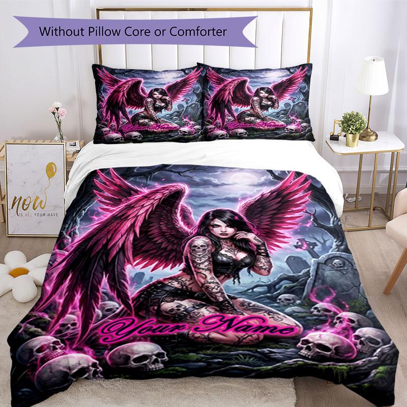 3pcs Custom Name Gothic Angel Skulls Night Bedding Set Printed Bedding Set Duvet Cover Closure Includes 1 Duvet Cover & 2 Pillowcases Bedroom Decor