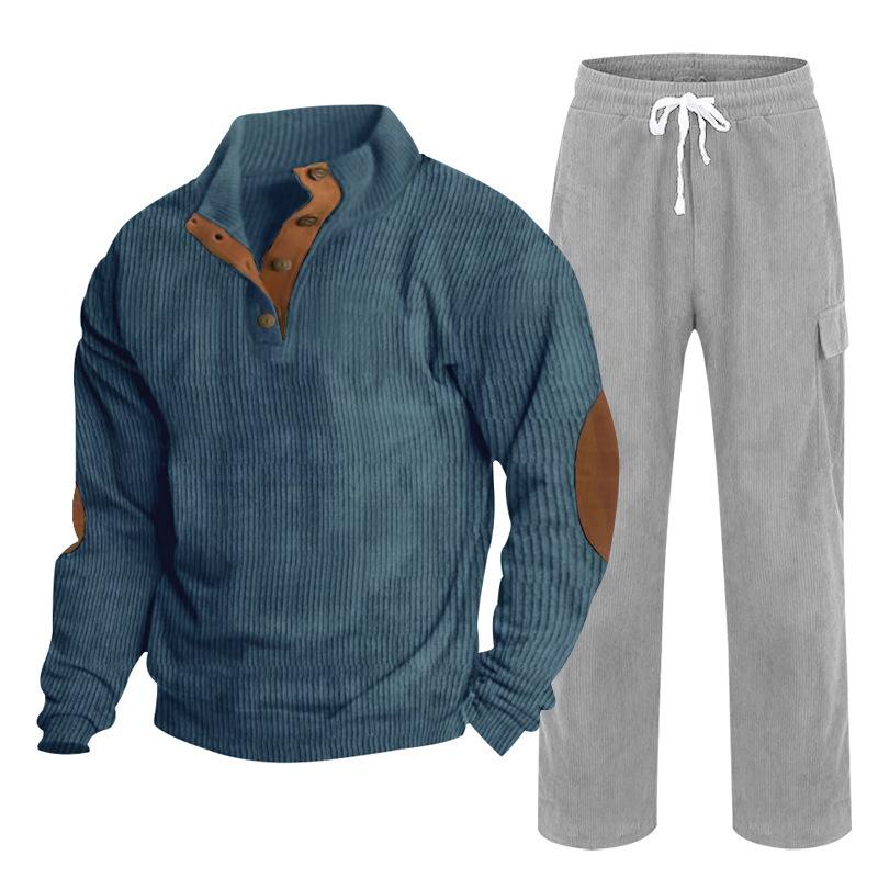 Herren Herbst/Winter Neuankömmling Sportbekleidung Zweiteiliges Set Cord Knopfleiste Henley Oberteil und Straight-Leg Hose Lässiges Ensemble