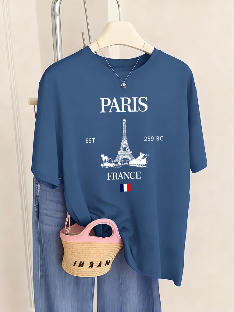 Paris Frankreich Eiffelturm Drucke T-Shirts Damen Sommer Basic Kurzarm Oberteile Rundhals Lockere T-Shirts Basics Weiche Damenkleidung