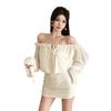 2026 European and American summer new atmosphere one-word shoulder solid color waist thin long sleeve hip wrap dress women