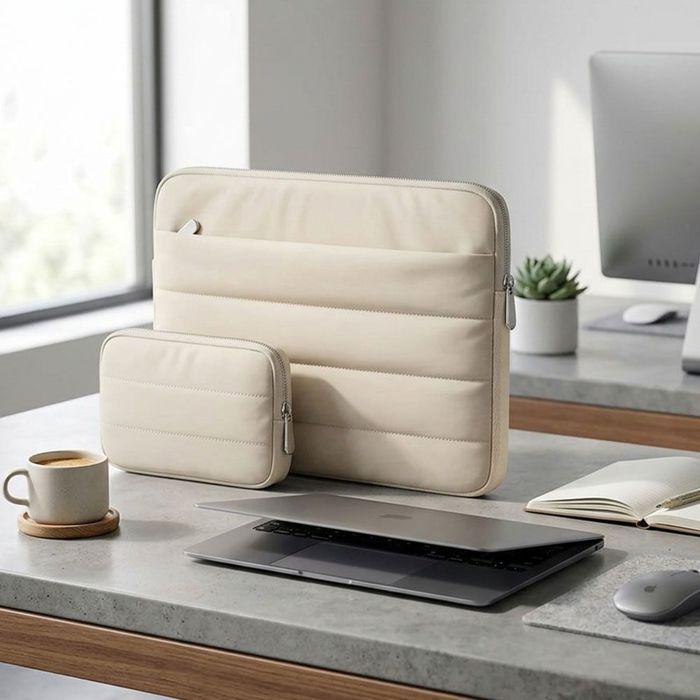 Housse Ordinateur 15" avec Pochette, Multi Compartiment pour MacBook Lenovo HP - Beige