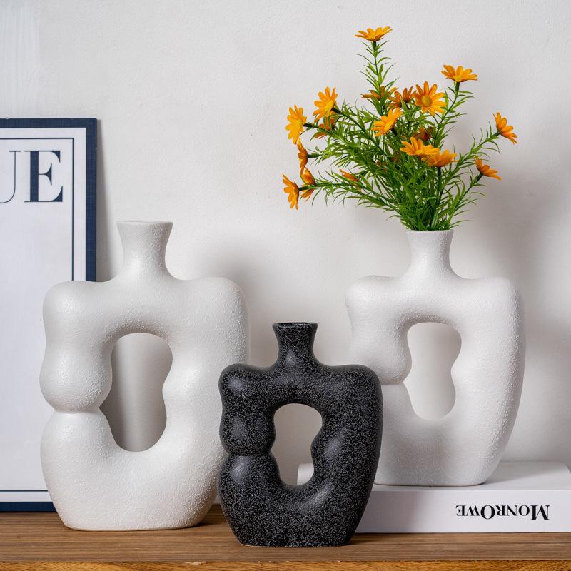 Ceramic Vase Geometric Gourd Shape Flower Vase Black and White Coarse Pottery Flower Arrangement Accessories Home Decoration