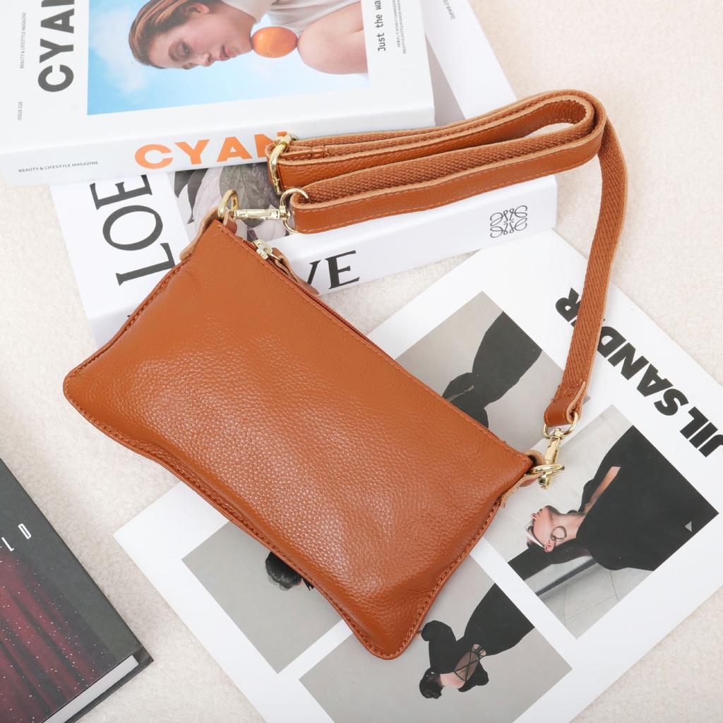 Bolso de Cuero Caliente para Mujer Bolso de Mano de Primera Capa de Piel de Vaca Sobre de Hombro para Teléfono Móvil Pequeño