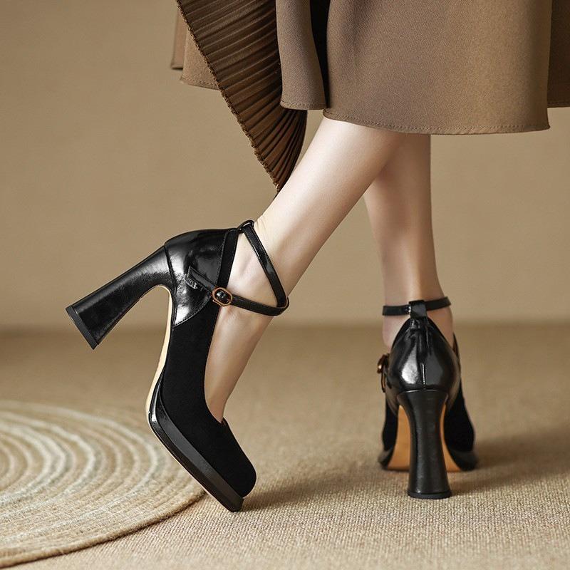 Fashion Women High Heel Shoes Elegant Fashion Thick Soled High Heels  Retro Shallow Mouth Banquet Party Wedding Shoes Zapatos De Mujer