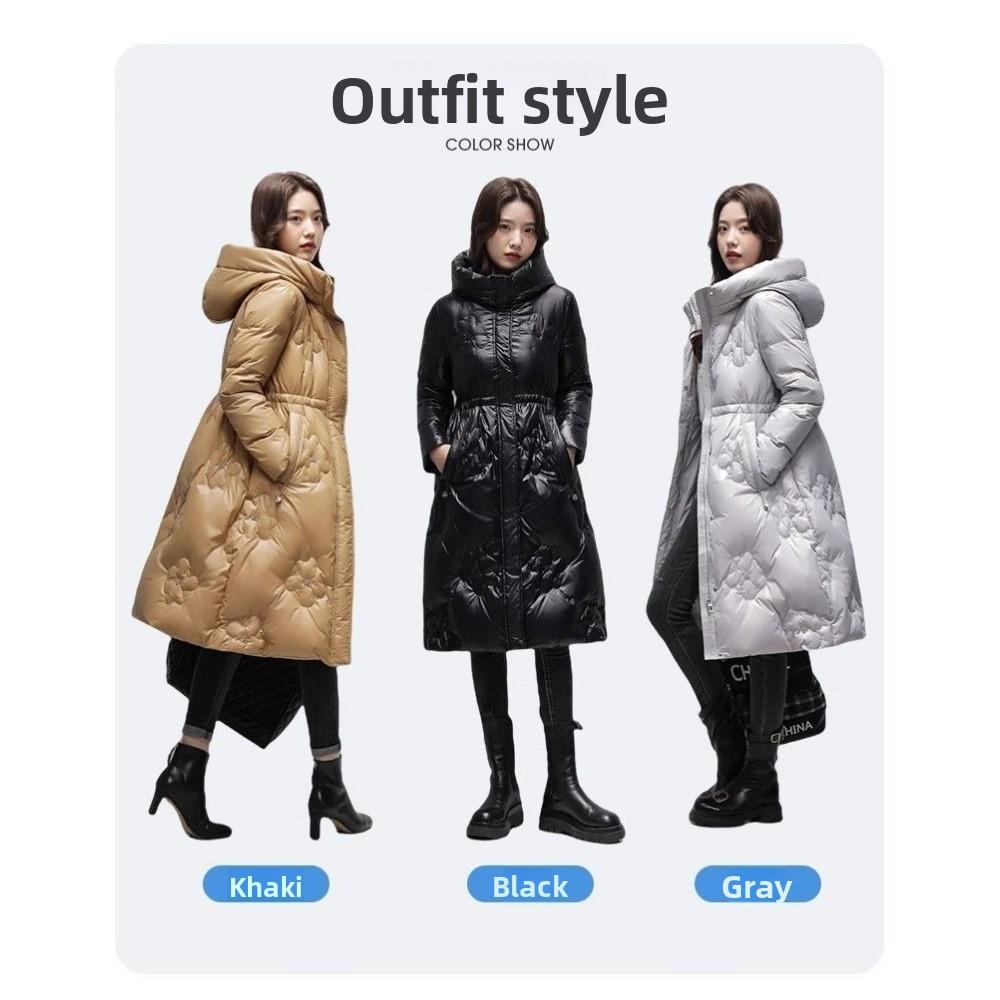 Jednobarevná lesklá dlouhá a tenká módní hřejivá péřová bunda s kapucí dámský zimní kabát