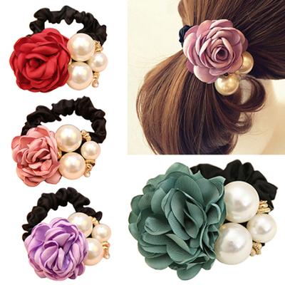 Women Satin Ribbon Rose Hairband Elastic Hair Ties Band Rope Ponytail Holder