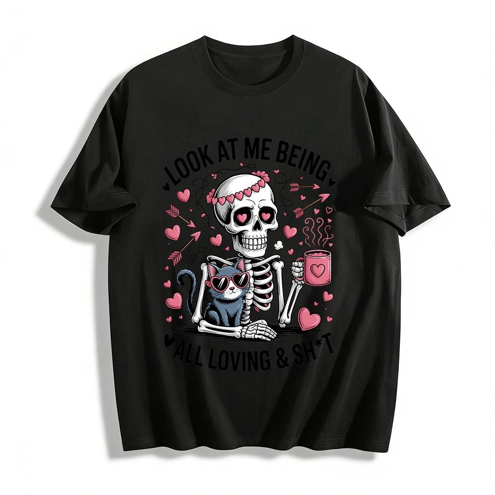 Skeleton Cat Heart Print Tee Funny Valentine s Day Top Pure cotton T-shirt XXS