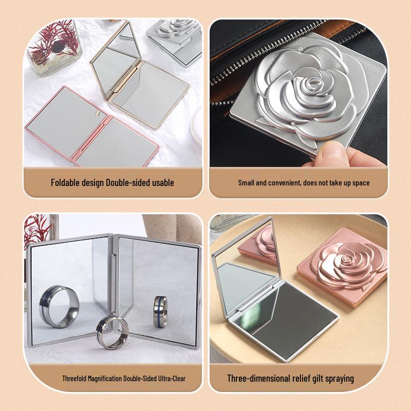 Rose Mini Double-Sided Square Makeup Mirror: Portable, Folding, Magnifying